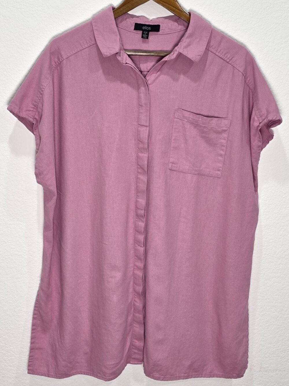 Ellos Linen Blend Short Sleeve Button Front Tunic Shirt Mauve Pink Size 1X
